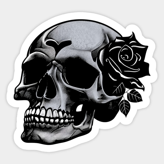 Spooky gothic black skull with a black rose Sticker by pickledpossums